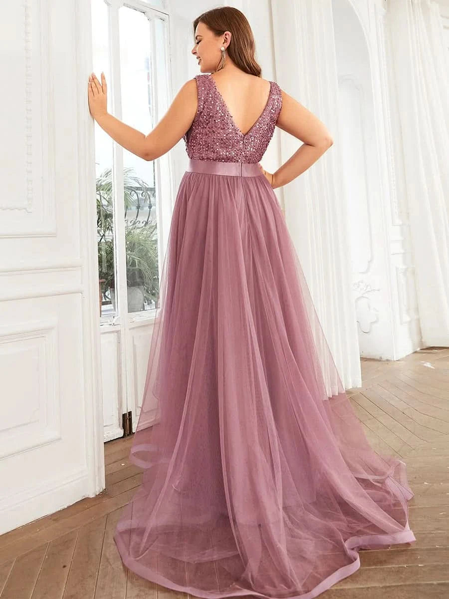 Größe Nach Maß V-Ausschnitt Tulle high-low Paillettenkleider Sleeveless Abendkleider 0147A