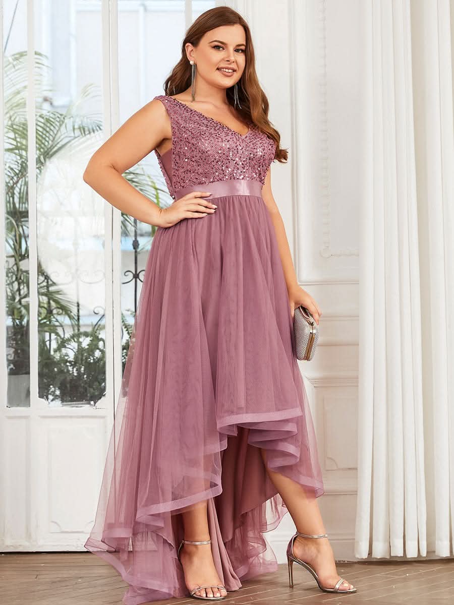 übergröße ärmelloses High-Low-Abendkleid mit V-Ausschnitt und Pailletten #farbe_orchid