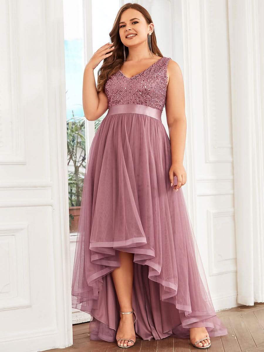 V-Ausschnitt Tulle high-low Paillettenkleider Sleeveless Abendkleider #farbe_orchid