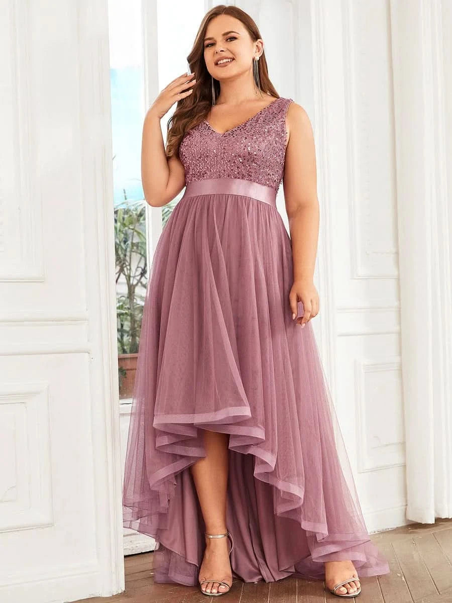 Größe Nach Maß V-Ausschnitt Tulle high-low Paillettenkleider Sleeveless Abendkleider 0147A
