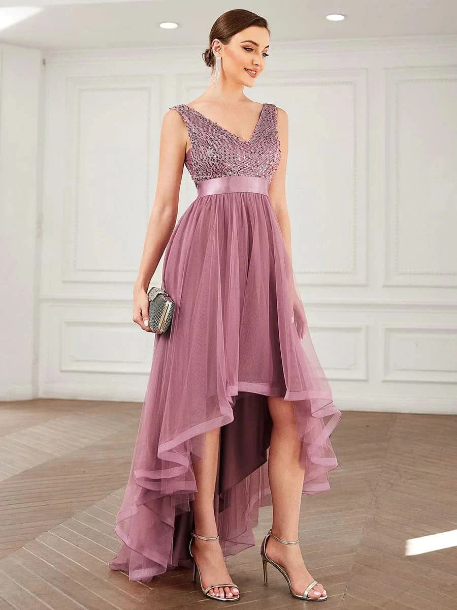 Größe Nach Maß V-Ausschnitt Tulle high-low Paillettenkleider Sleeveless Abendkleider 0147A