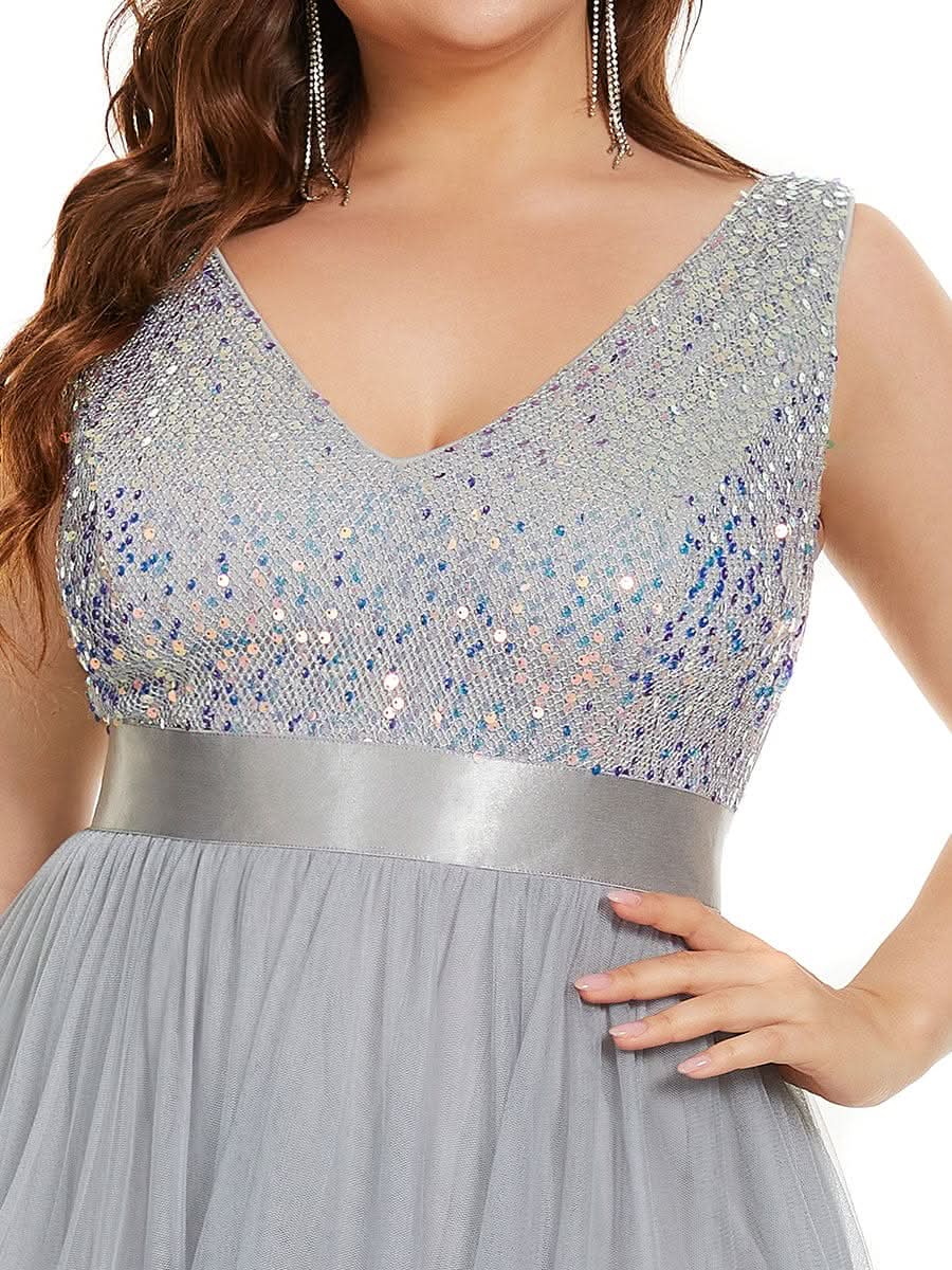 Größe Nach Maß V-Ausschnitt Tulle high-low Paillettenkleider Sleeveless Abendkleider 0147A