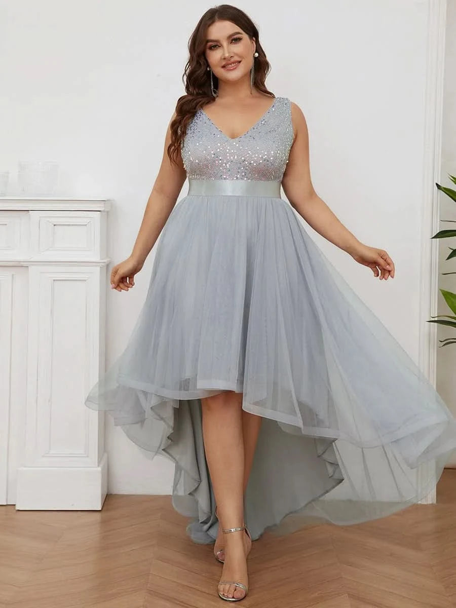 Größe Nach Maß V-Ausschnitt Tulle high-low Paillettenkleider Sleeveless Abendkleider 0147A