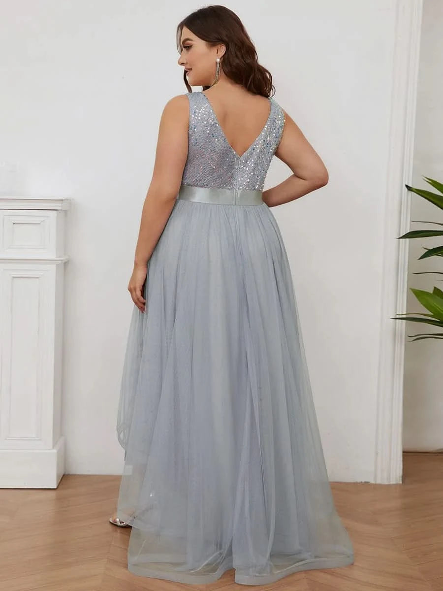 Größe Nach Maß V-Ausschnitt Tulle high-low Paillettenkleider Sleeveless Abendkleider 0147A