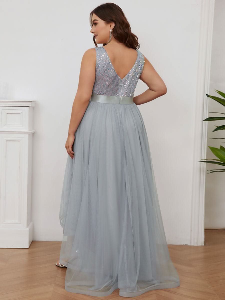 übergröße ärmelloses High-Low-Abendkleid mit V-Ausschnitt und Pailletten #farbe_silver