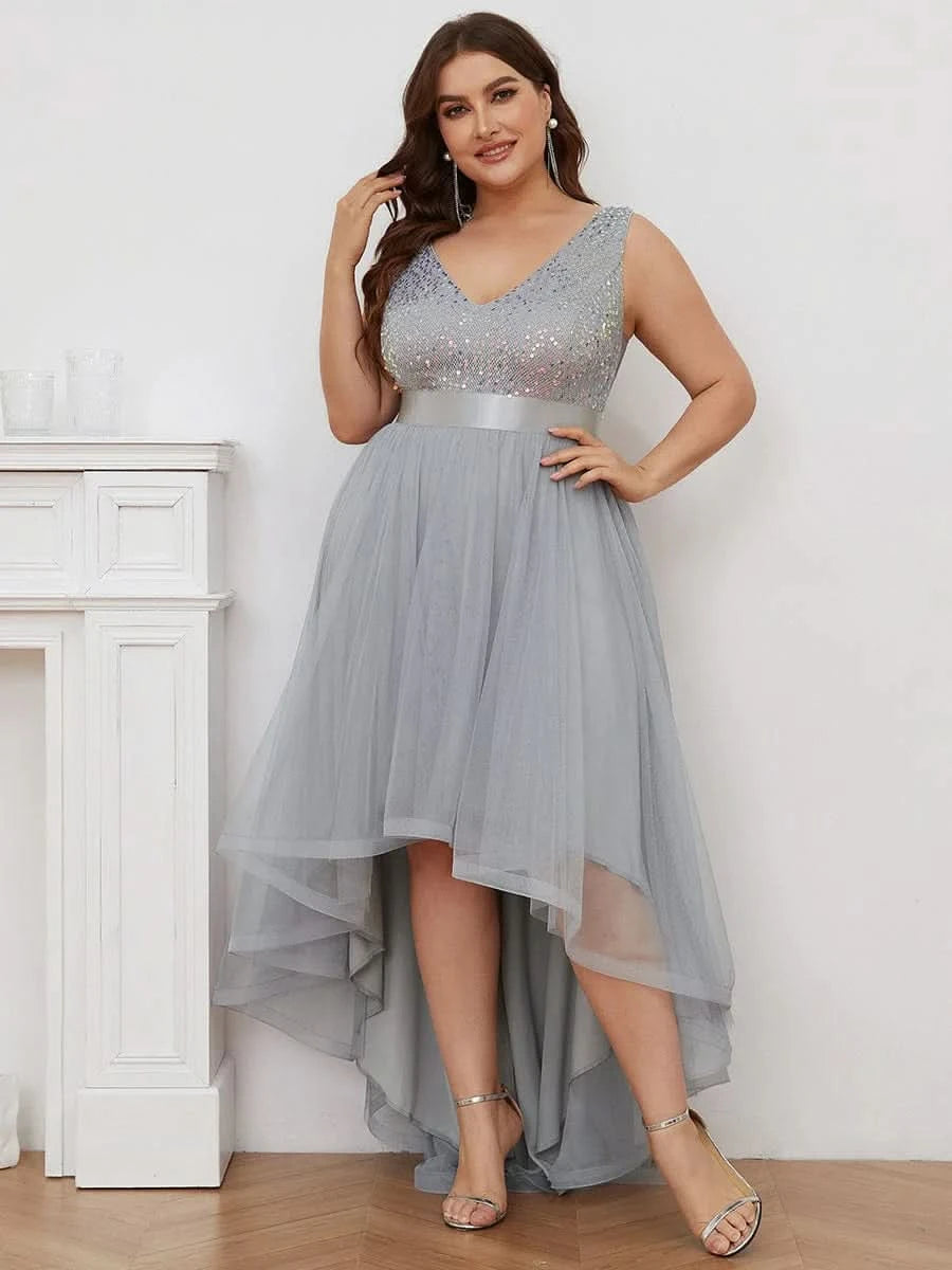 Größe Nach Maß V-Ausschnitt Tulle high-low Paillettenkleider Sleeveless Abendkleider 0147A