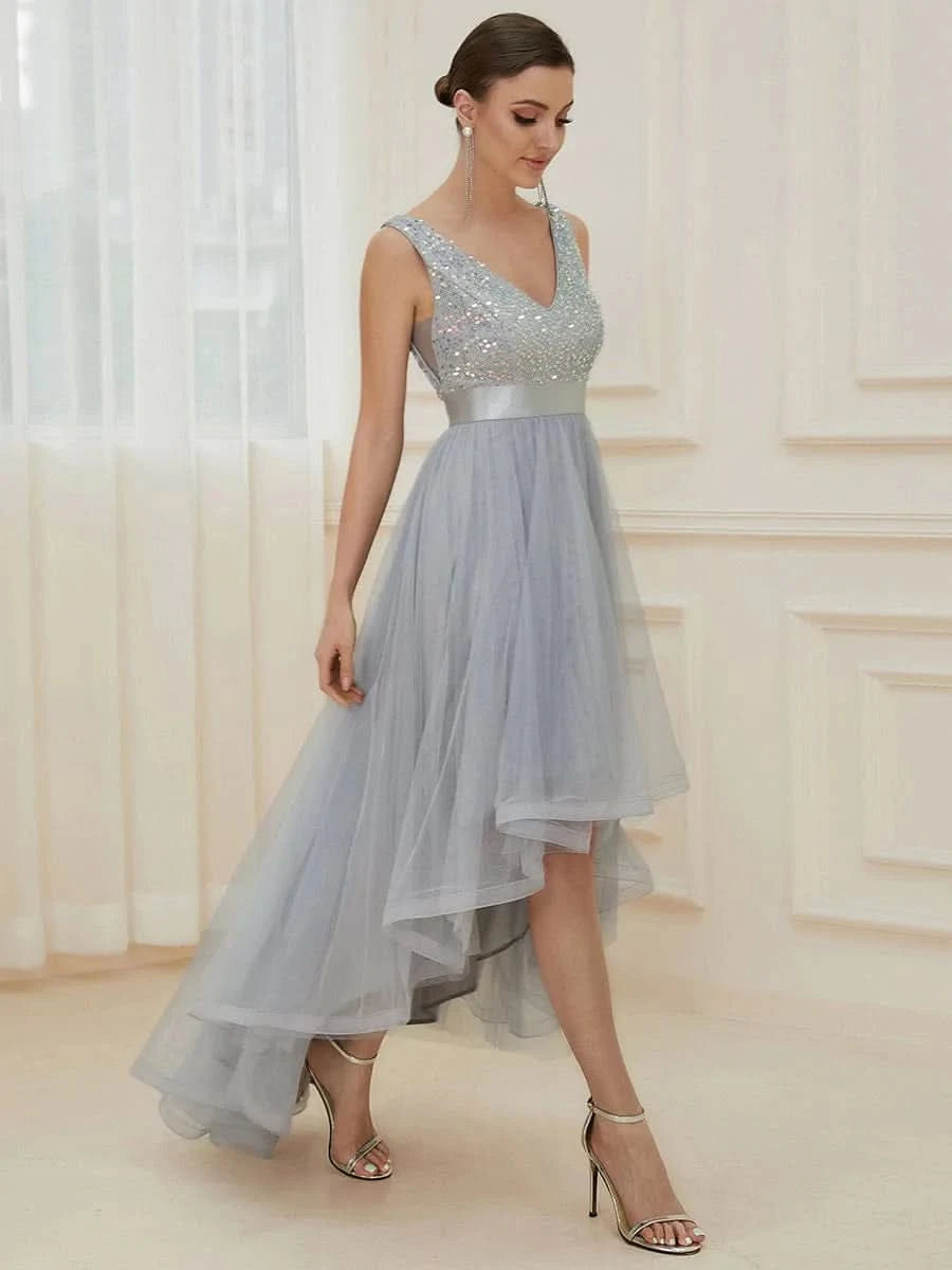 Größe Nach Maß V-Ausschnitt Tulle high-low Paillettenkleider Sleeveless Abendkleider 0147A