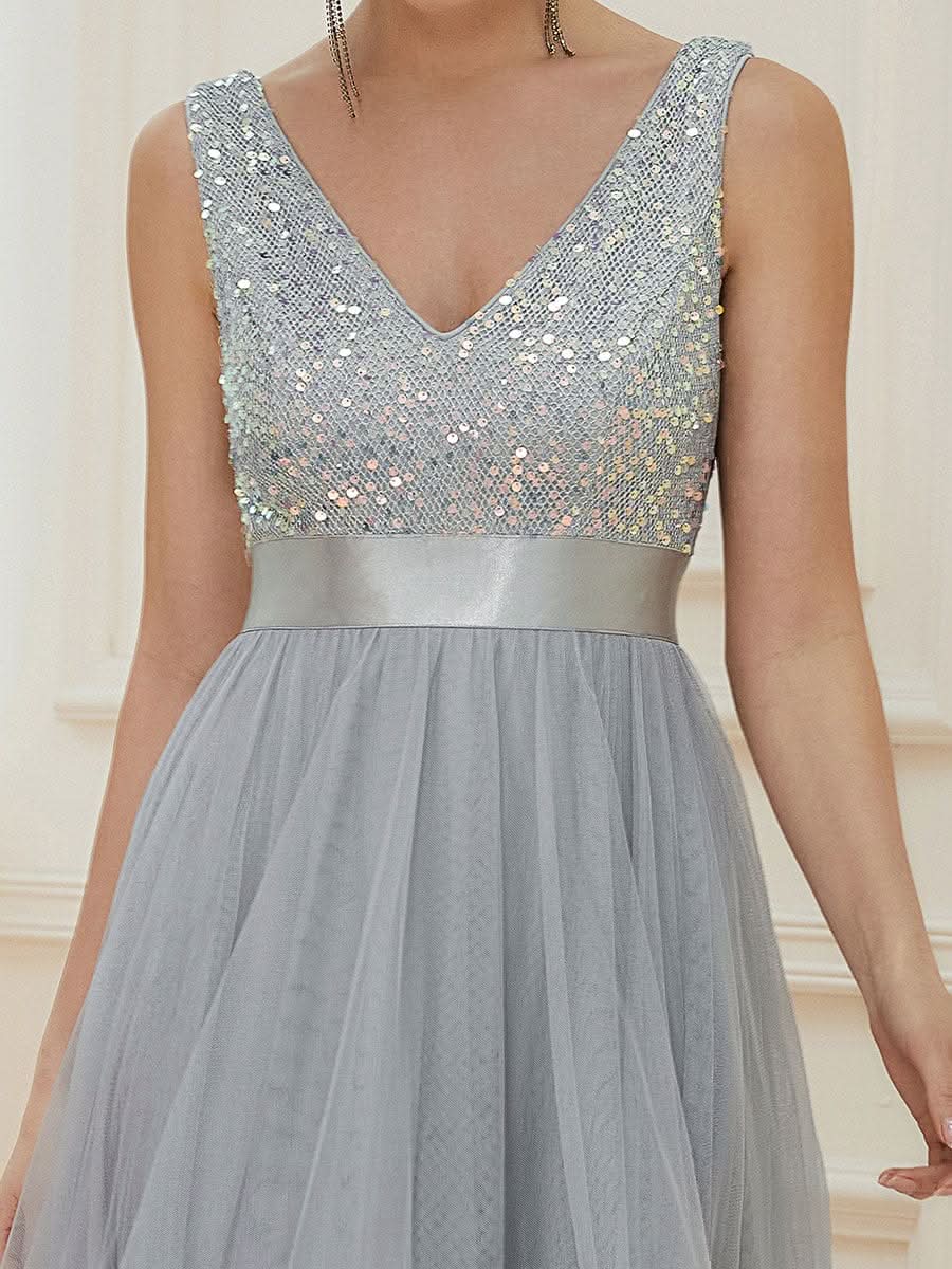 V-Ausschnitt Tulle high-low Paillettenkleider Sleeveless Abendkleider #farbe_silver
