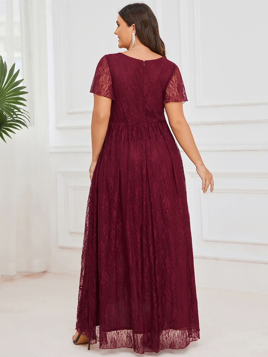 Größe Nach Maß Kurzärmliges Spitzen-Abendkleid in A-Linie mit Rüschen und V-Ausschnitt 01489
