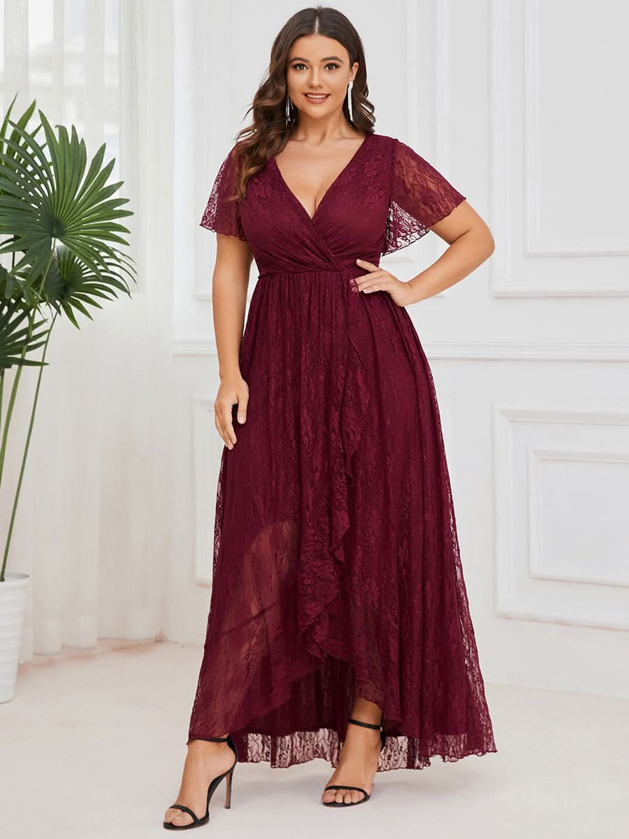 Größe Nach Maß Kurzärmliges Spitzen-Abendkleid in A-Linie mit Rüschen und V-Ausschnitt 01489
