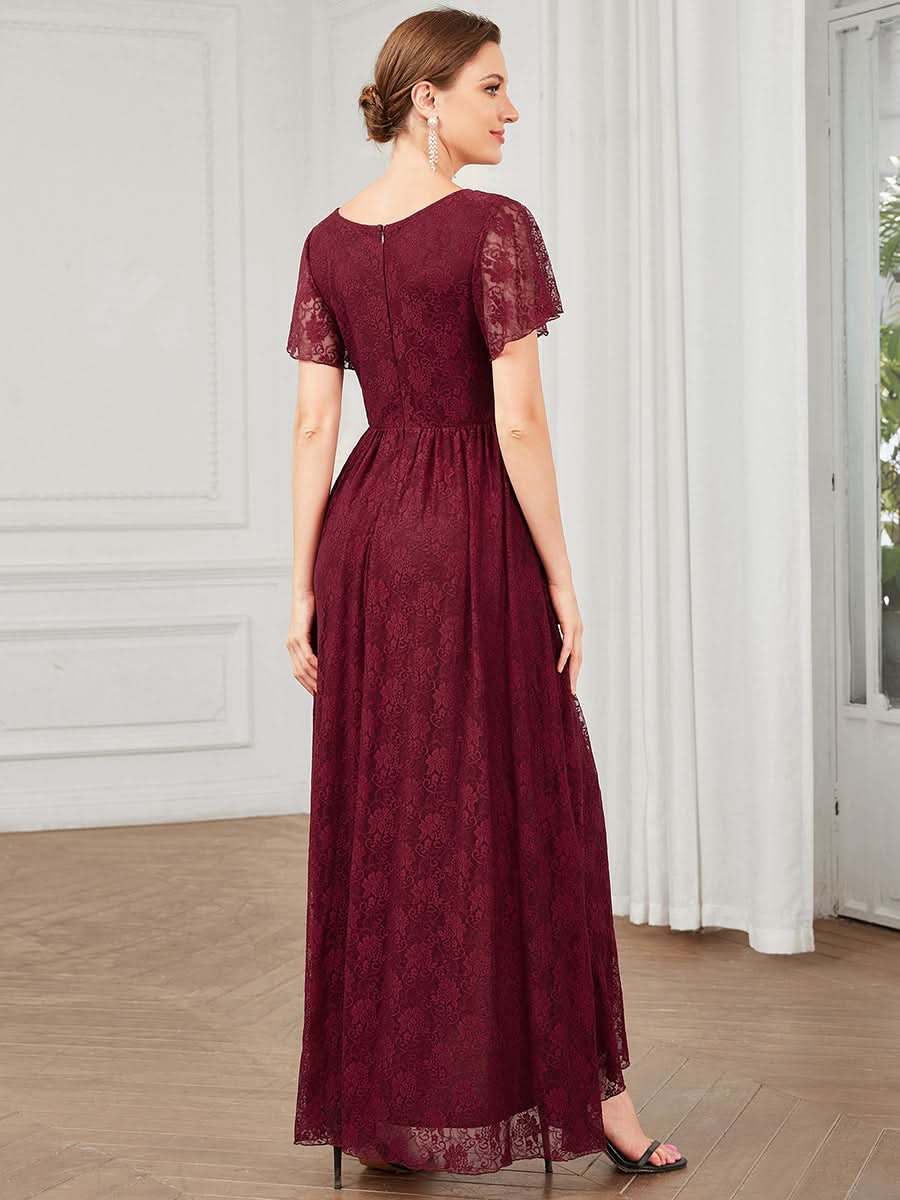 Größe Nach Maß Kurzärmliges Spitzen-Abendkleid in A-Linie mit Rüschen und V-Ausschnitt 01489
