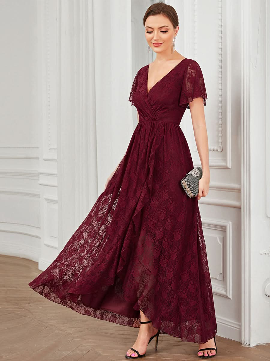 Größe Nach Maß Kurzärmliges Spitzen-Abendkleid in A-Linie mit Rüschen und V-Ausschnitt 01489