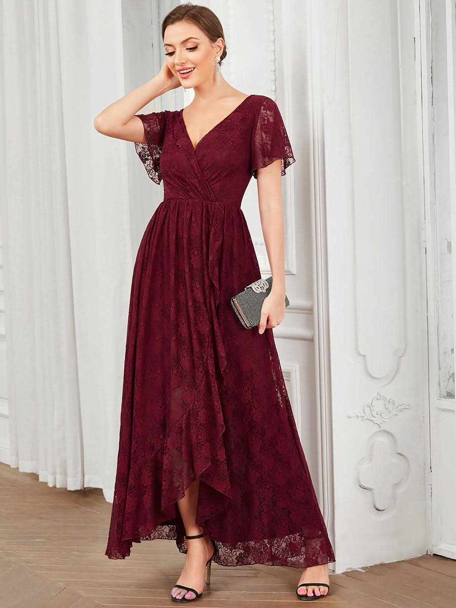 Größe Nach Maß Kurzärmliges Spitzen-Abendkleid in A-Linie mit Rüschen und V-Ausschnitt 01489