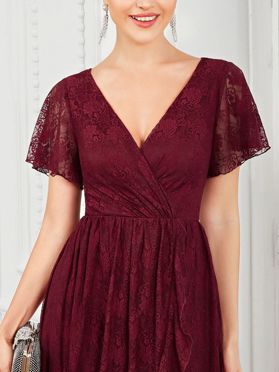 Größe Nach Maß Kurzärmliges Spitzen-Abendkleid in A-Linie mit Rüschen und V-Ausschnitt 01489