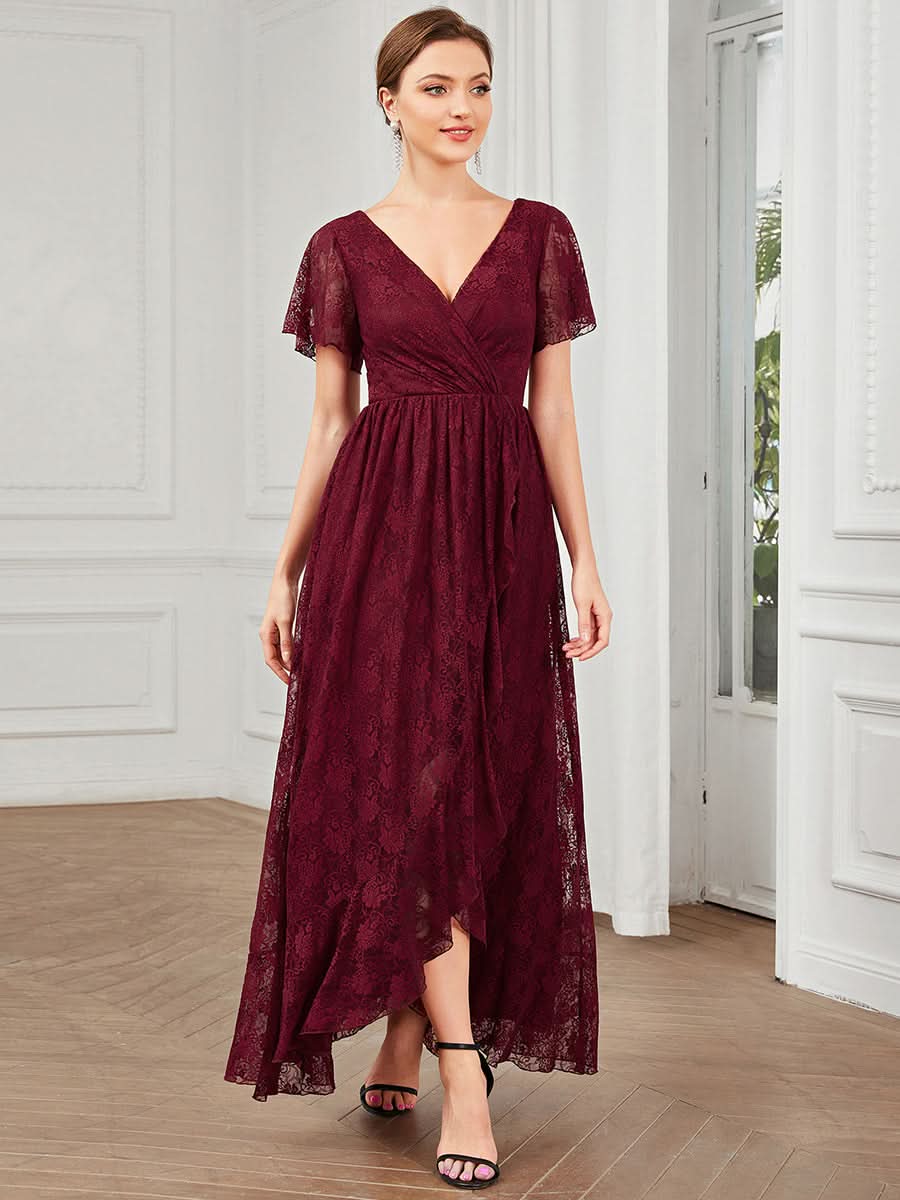 Größe Nach Maß Kurzärmliges Spitzen-Abendkleid in A-Linie mit Rüschen und V-Ausschnitt 01489
