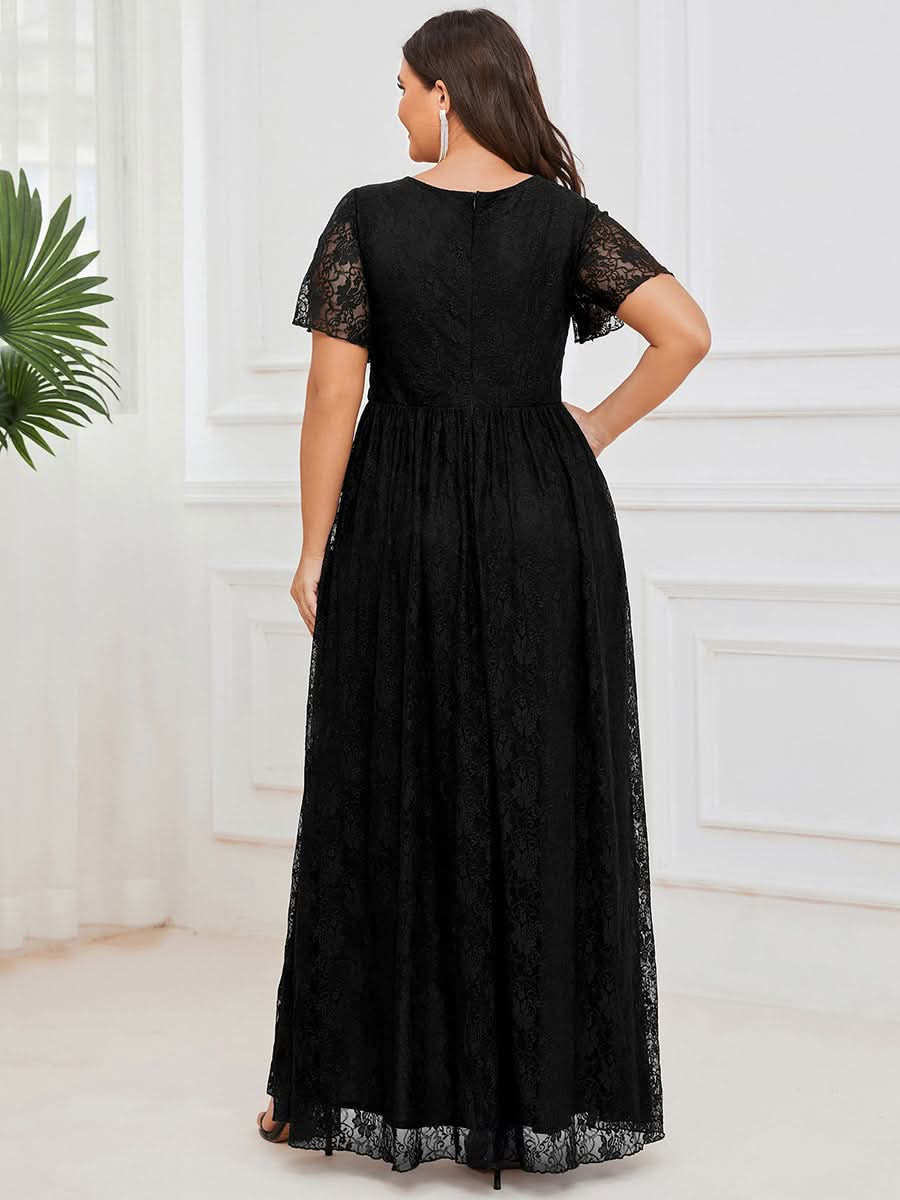 Größe Nach Maß Kurzärmliges Spitzen-Abendkleid in A-Linie mit Rüschen und V-Ausschnitt 01489