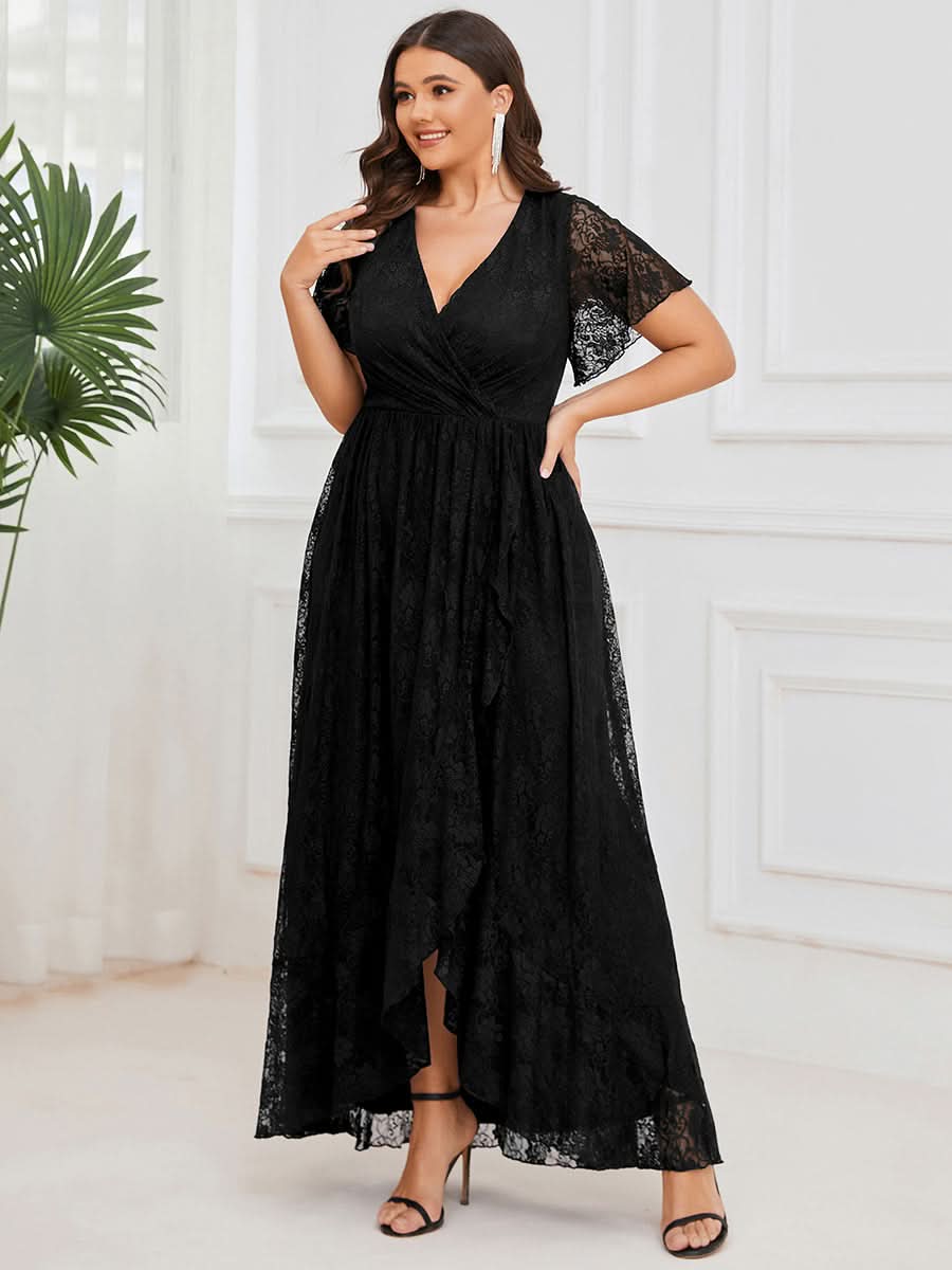 Größe Nach Maß Kurzärmliges Spitzen-Abendkleid in A-Linie mit Rüschen und V-Ausschnitt 01489