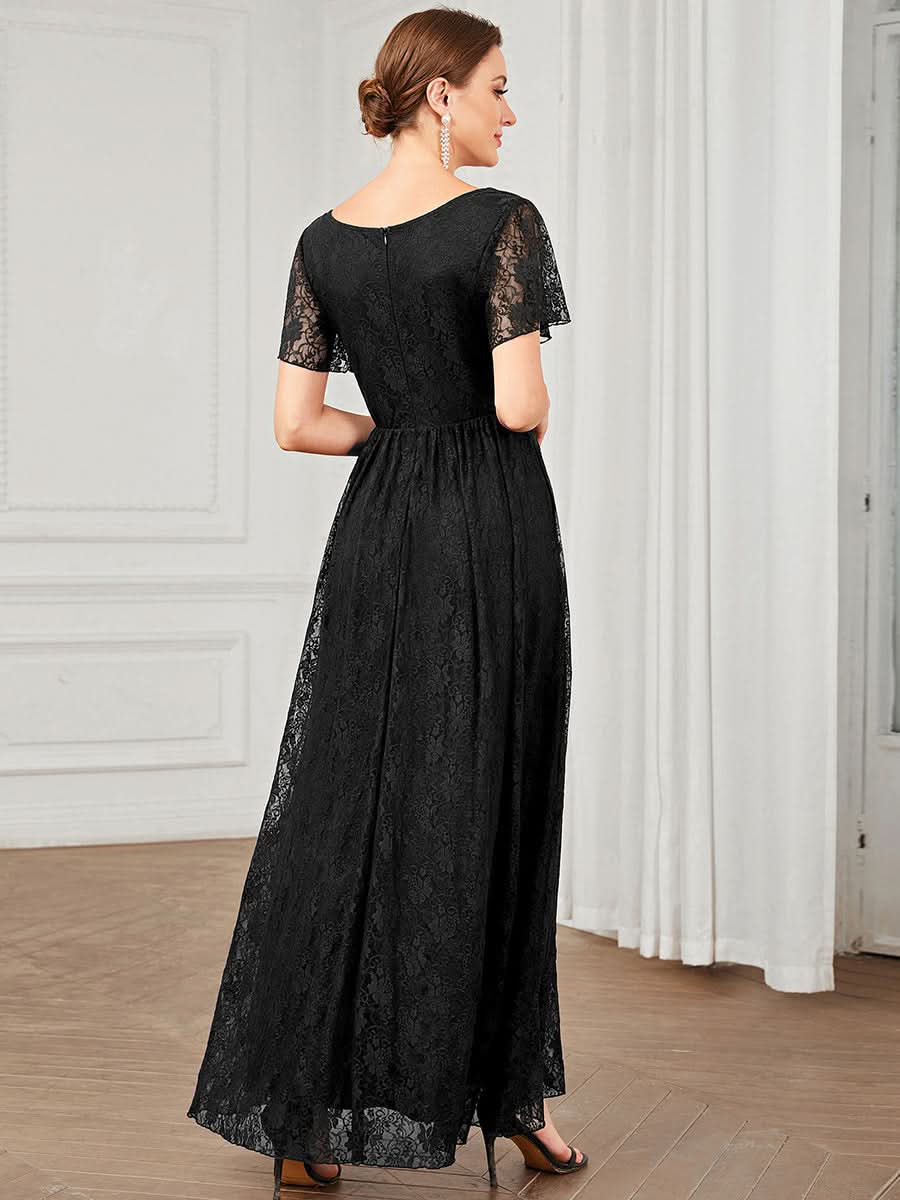 Größe Nach Maß Kurzärmliges Spitzen-Abendkleid in A-Linie mit Rüschen und V-Ausschnitt 01489