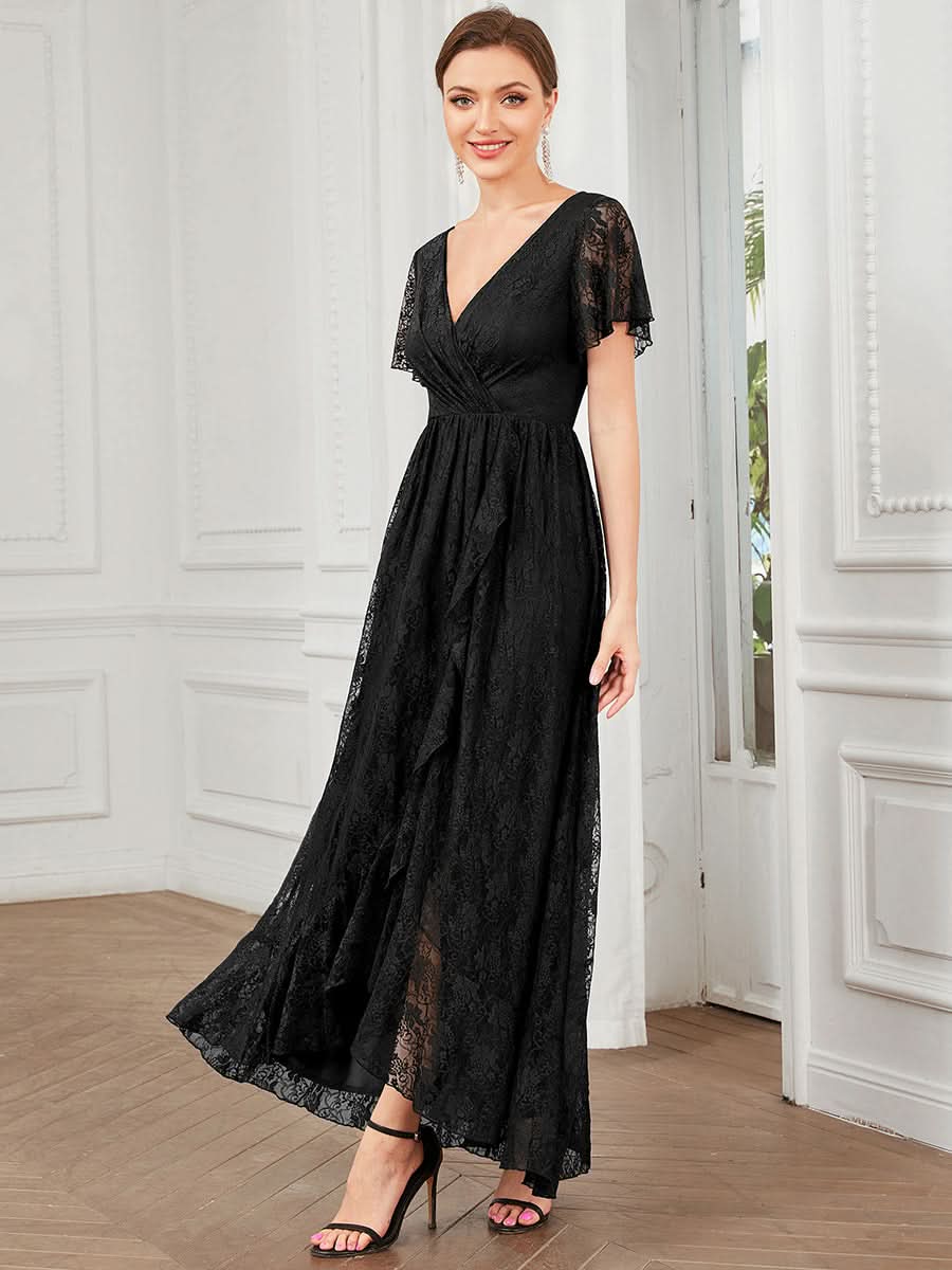 Größe Nach Maß Kurzärmliges Spitzen-Abendkleid in A-Linie mit Rüschen und V-Ausschnitt 01489