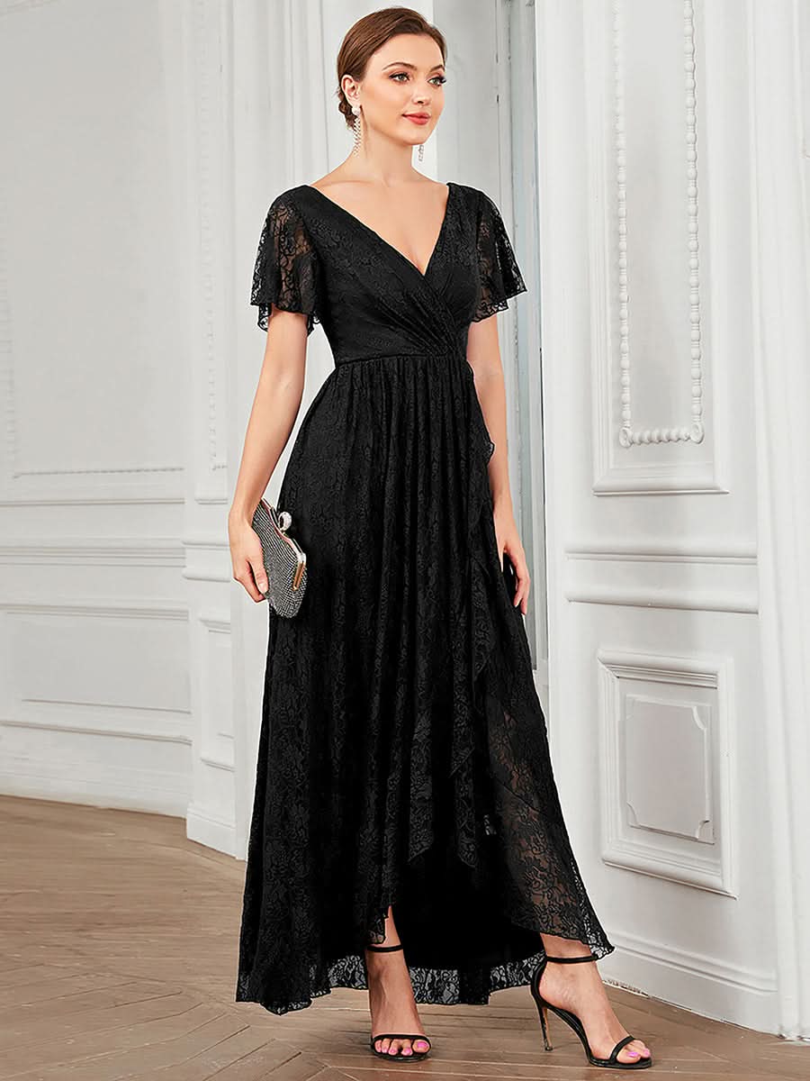 Größe Nach Maß Kurzärmliges Spitzen-Abendkleid in A-Linie mit Rüschen und V-Ausschnitt 01489