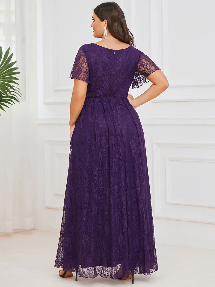Größe Nach Maß Kurzärmliges Spitzen-Abendkleid in A-Linie mit Rüschen und V-Ausschnitt 01489
