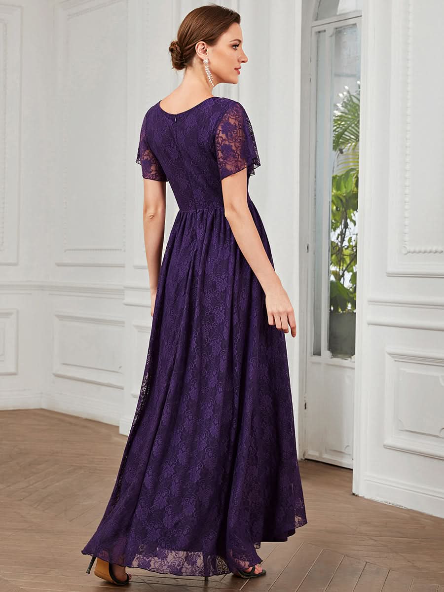 Größe Nach Maß Kurzärmliges Spitzen-Abendkleid in A-Linie mit Rüschen und V-Ausschnitt 01489