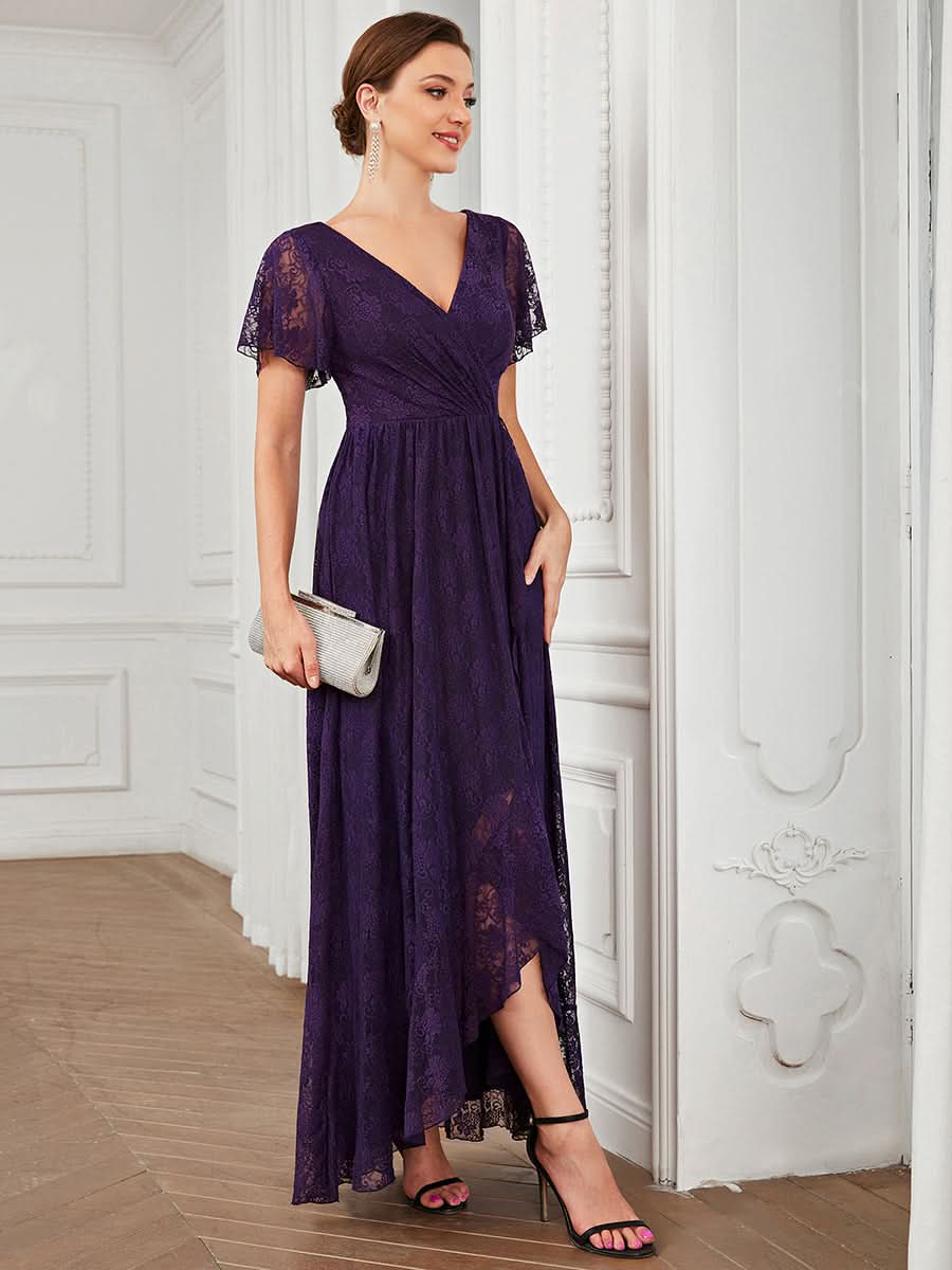 Größe Nach Maß Kurzärmliges Spitzen-Abendkleid in A-Linie mit Rüschen und V-Ausschnitt 01489