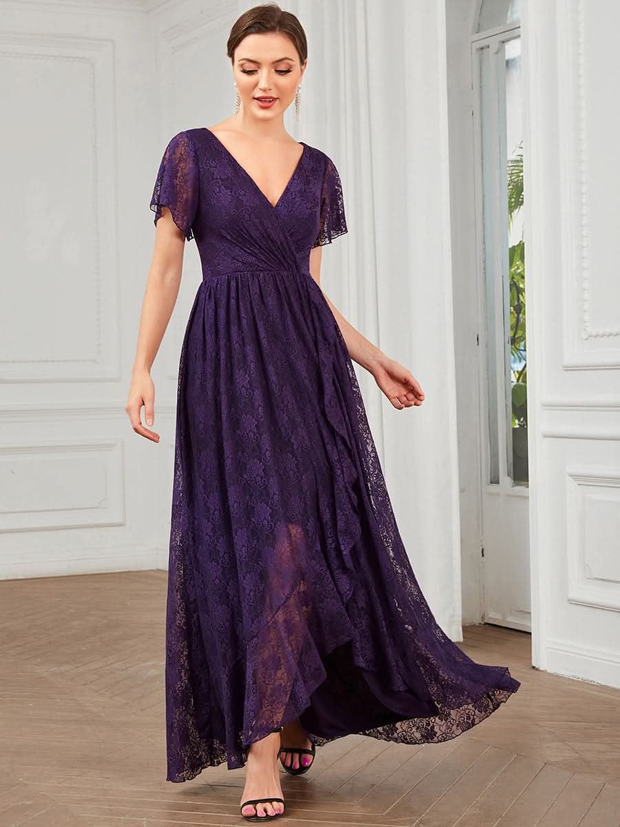 Größe Nach Maß Kurzärmliges Spitzen-Abendkleid in A-Linie mit Rüschen und V-Ausschnitt 01489