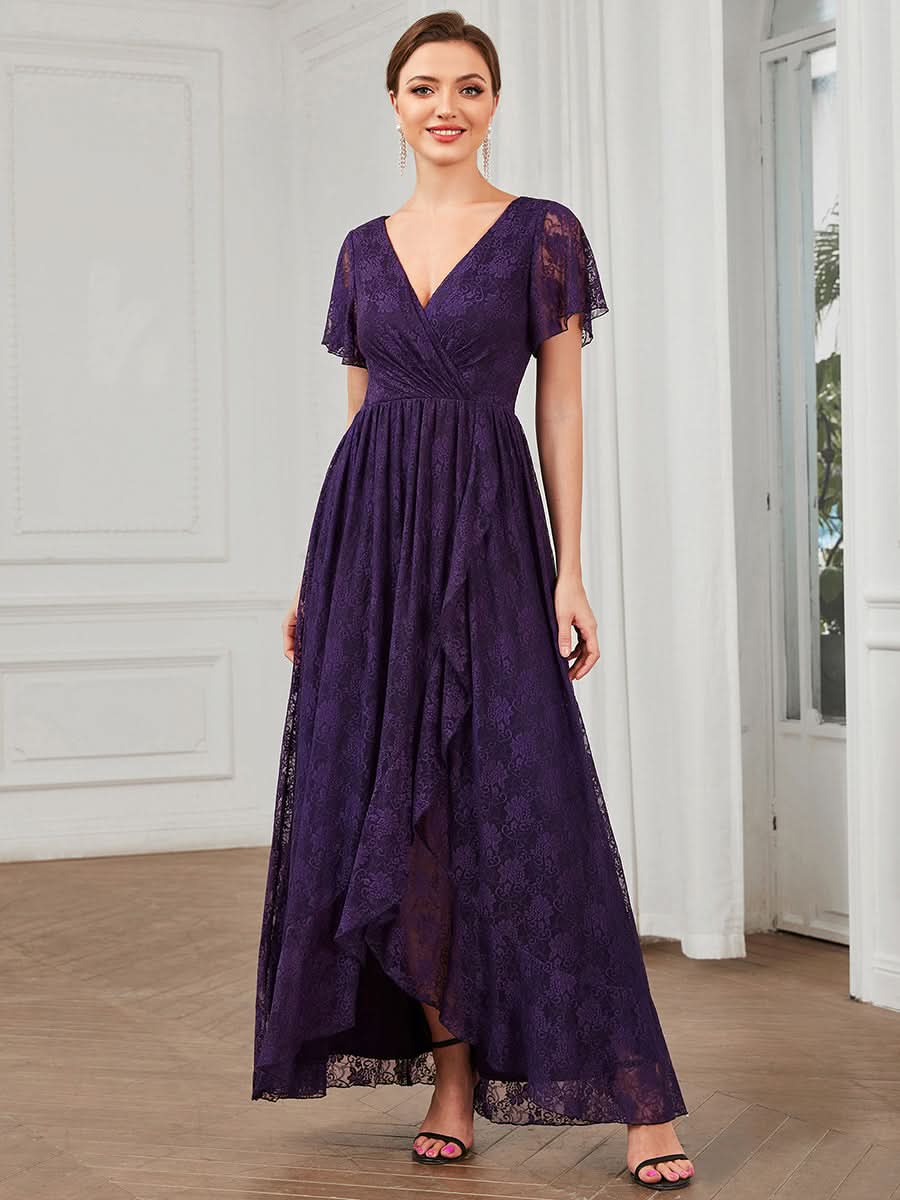 Größe Nach Maß Kurzärmliges Spitzen-Abendkleid in A-Linie mit Rüschen und V-Ausschnitt 01489