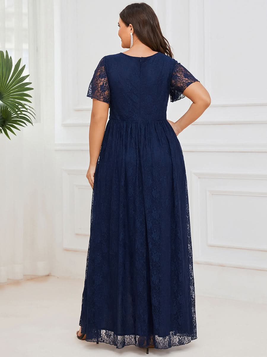 Größe Nach Maß Kurzärmliges Spitzen-Abendkleid in A-Linie mit Rüschen und V-Ausschnitt 01489