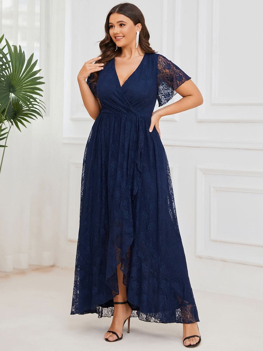 Größe Nach Maß Kurzärmliges Spitzen-Abendkleid in A-Linie mit Rüschen und V-Ausschnitt 01489