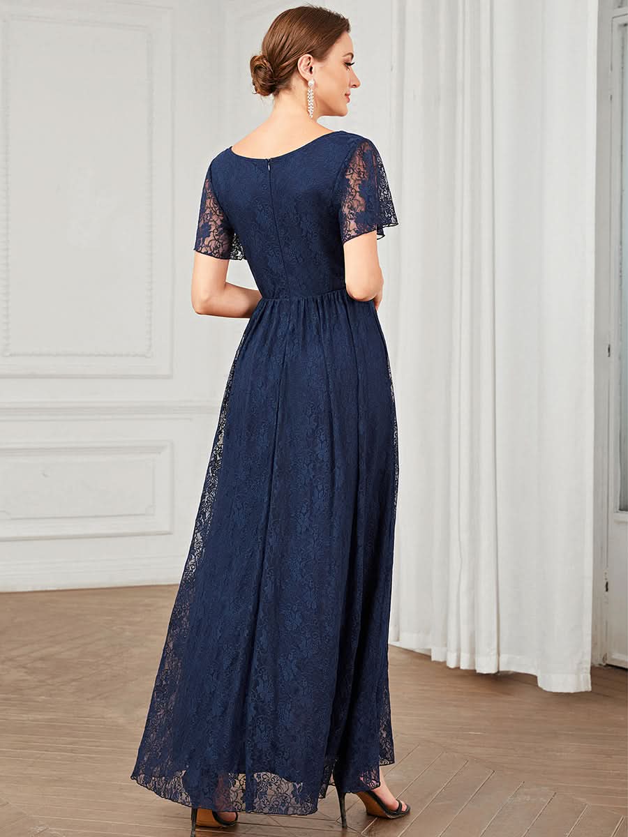 Größe Nach Maß Kurzärmliges Spitzen-Abendkleid in A-Linie mit Rüschen und V-Ausschnitt 01489
