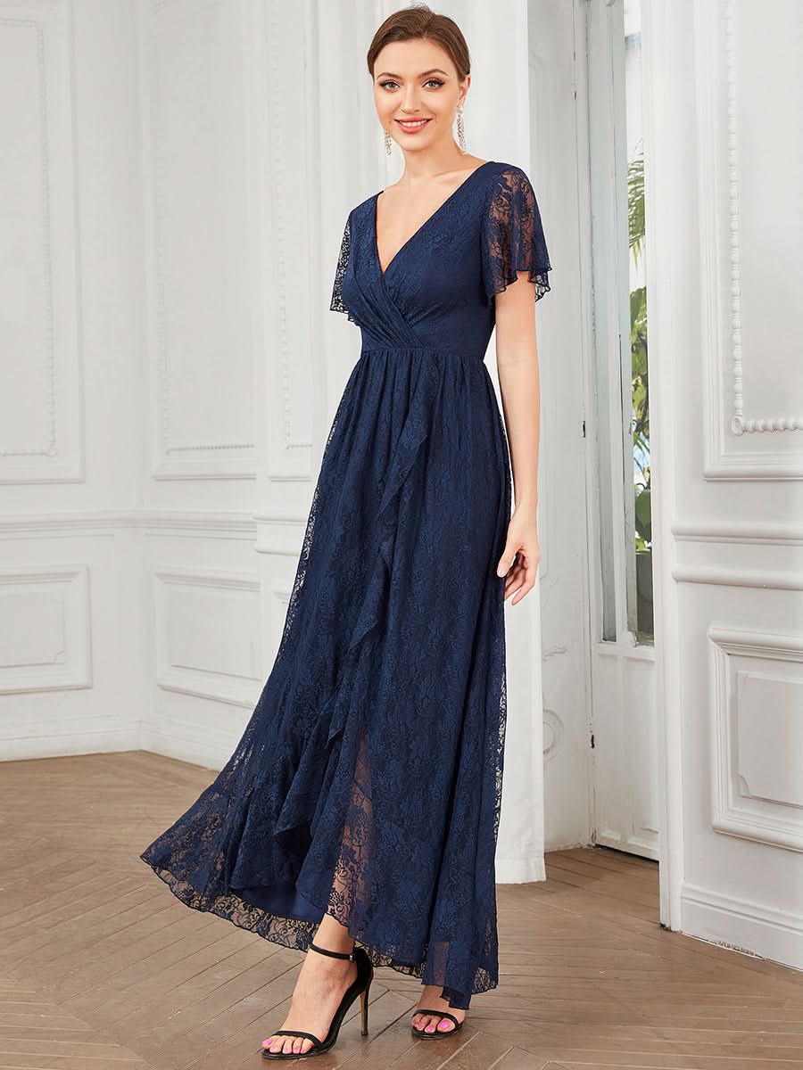 Größe Nach Maß Kurzärmliges Spitzen-Abendkleid in A-Linie mit Rüschen und V-Ausschnitt 01489