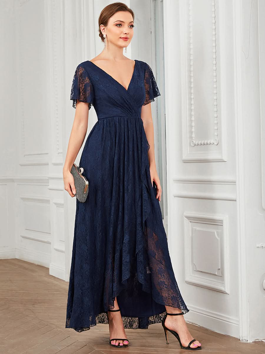 Größe Nach Maß Kurzärmliges Spitzen-Abendkleid in A-Linie mit Rüschen und V-Ausschnitt 01489