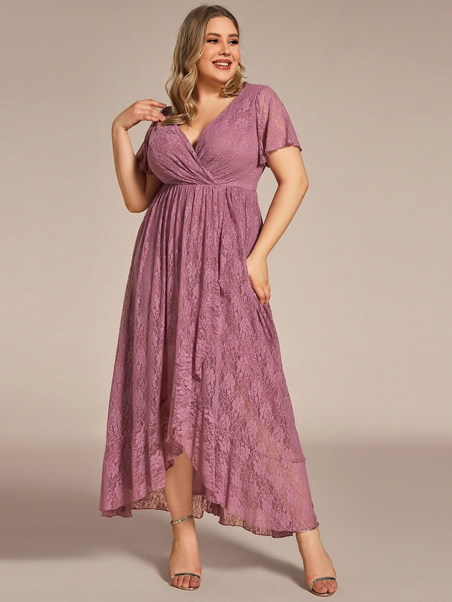 Größe Nach Maß Kurzärmliges Spitzen-Abendkleid in A-Linie mit Rüschen und V-Ausschnitt 01489