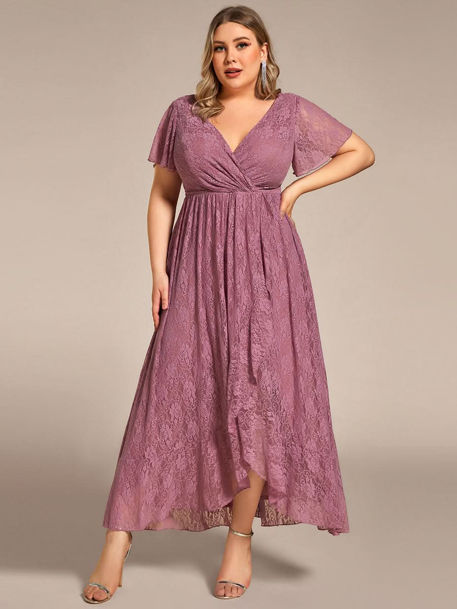 Größe Nach Maß Kurzärmliges Spitzen-Abendkleid in A-Linie mit Rüschen und V-Ausschnitt 01489