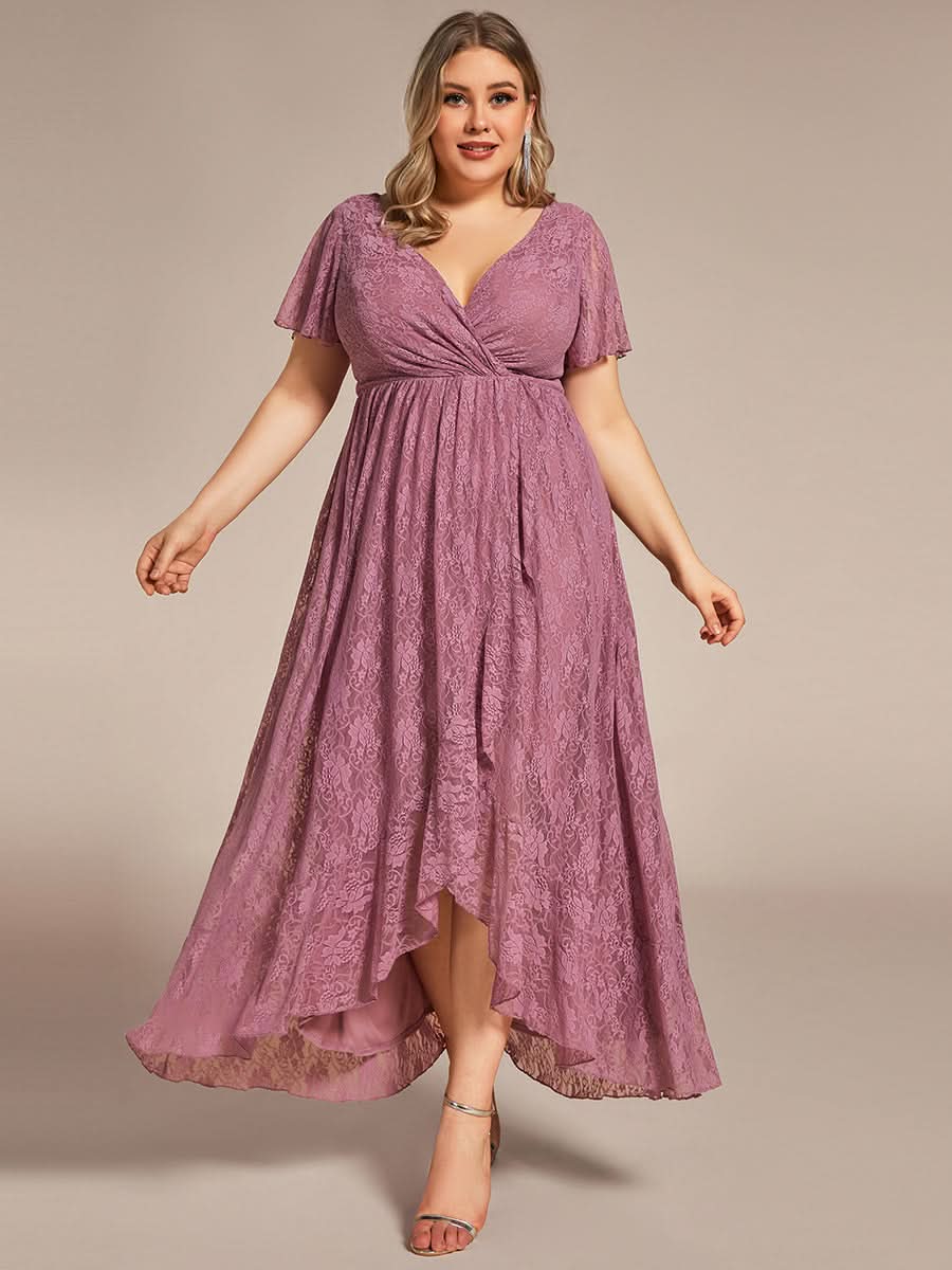Größe Nach Maß Kurzärmliges Spitzen-Abendkleid in A-Linie mit Rüschen und V-Ausschnitt 01489