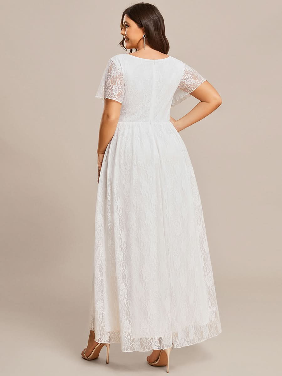 Größe Nach Maß Kurzärmliges Spitzen-Abendkleid in A-Linie mit Rüschen und V-Ausschnitt 01489