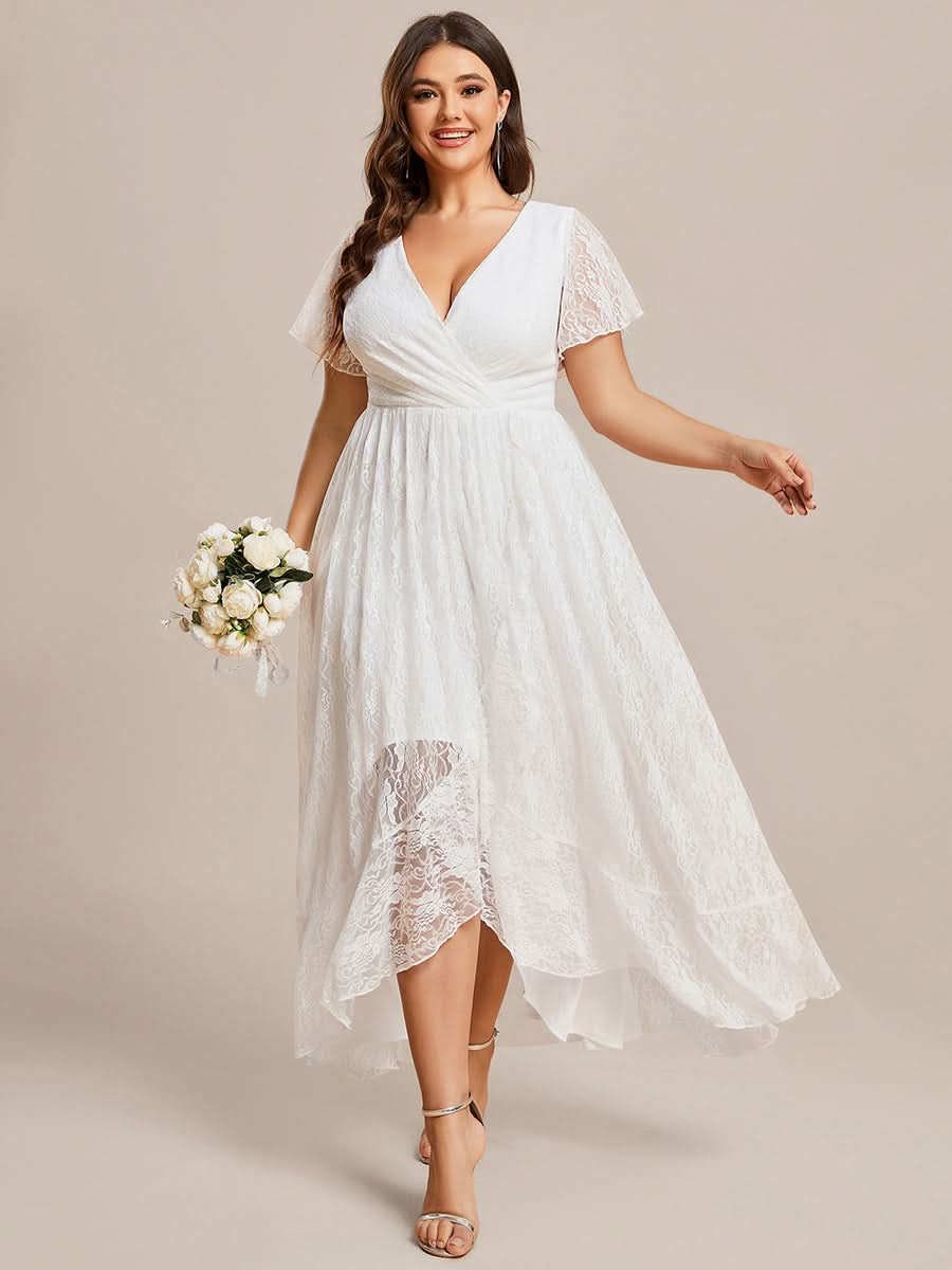 Größe Nach Maß Kurzärmliges Spitzen-Abendkleid in A-Linie mit Rüschen und V-Ausschnitt 01489