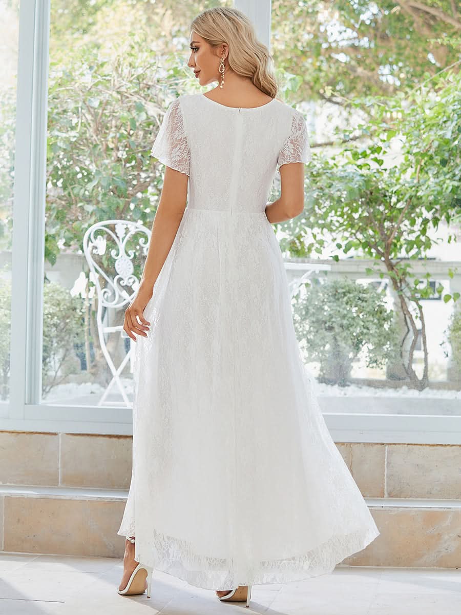 Größe Nach Maß Kurzärmliges Spitzen-Abendkleid in A-Linie mit Rüschen und V-Ausschnitt 01489