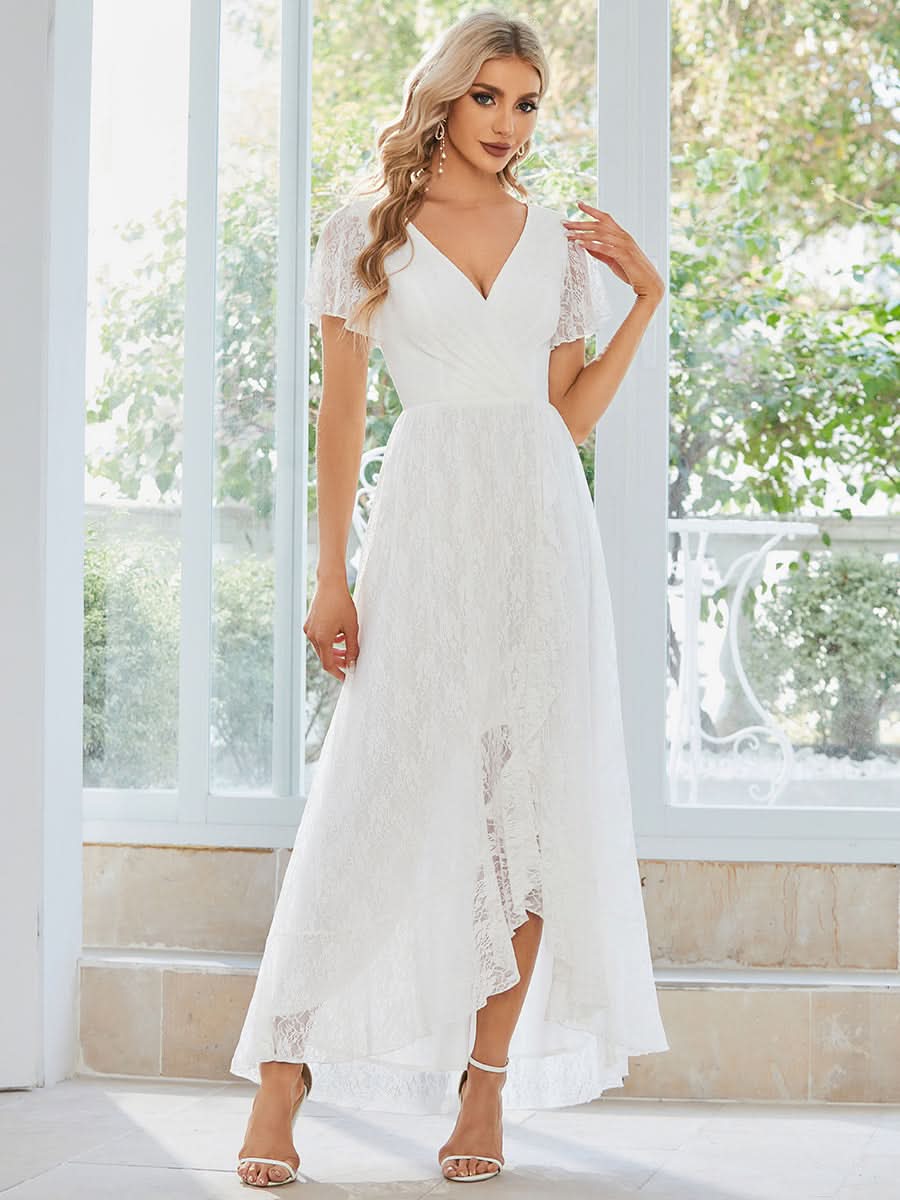Größe Nach Maß Kurzärmliges Spitzen-Abendkleid in A-Linie mit Rüschen und V-Ausschnitt 01489