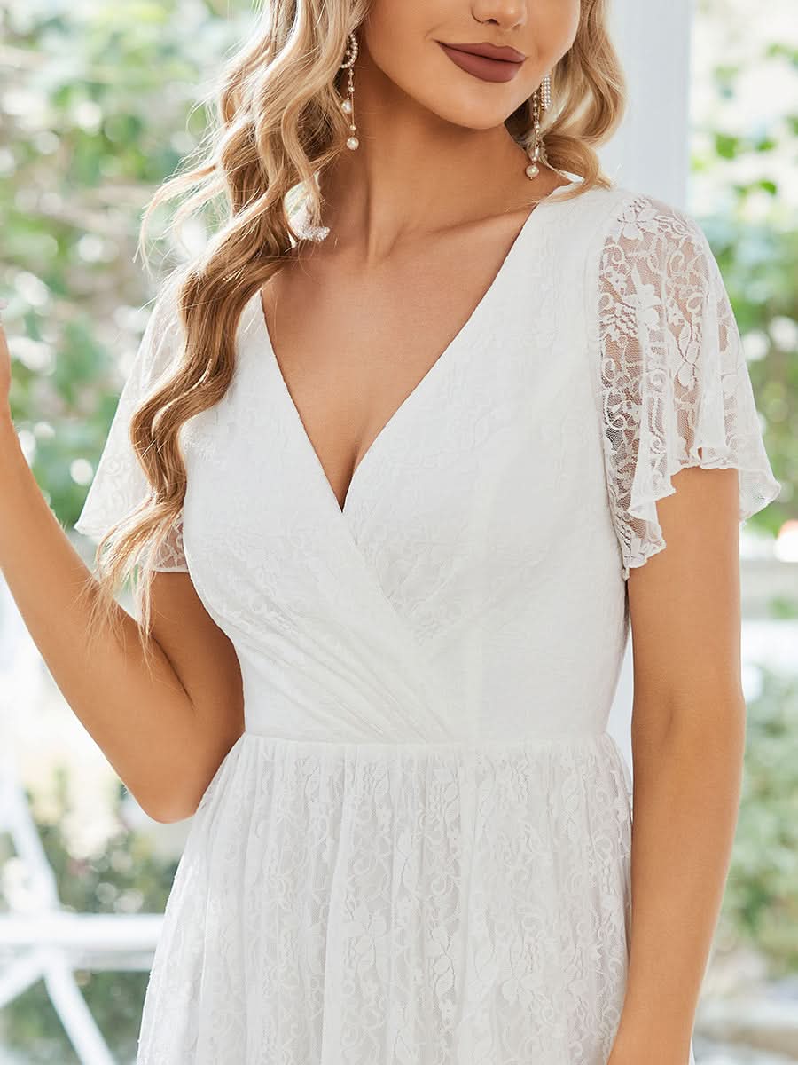 Größe Nach Maß Kurzärmliges Spitzen-Abendkleid in A-Linie mit Rüschen und V-Ausschnitt 01489