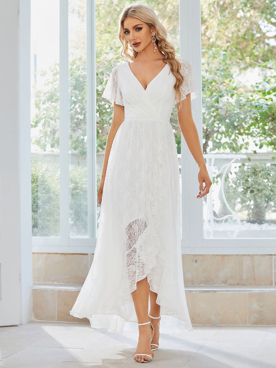 Größe Nach Maß Kurzärmliges Spitzen-Abendkleid in A-Linie mit Rüschen und V-Ausschnitt 01489