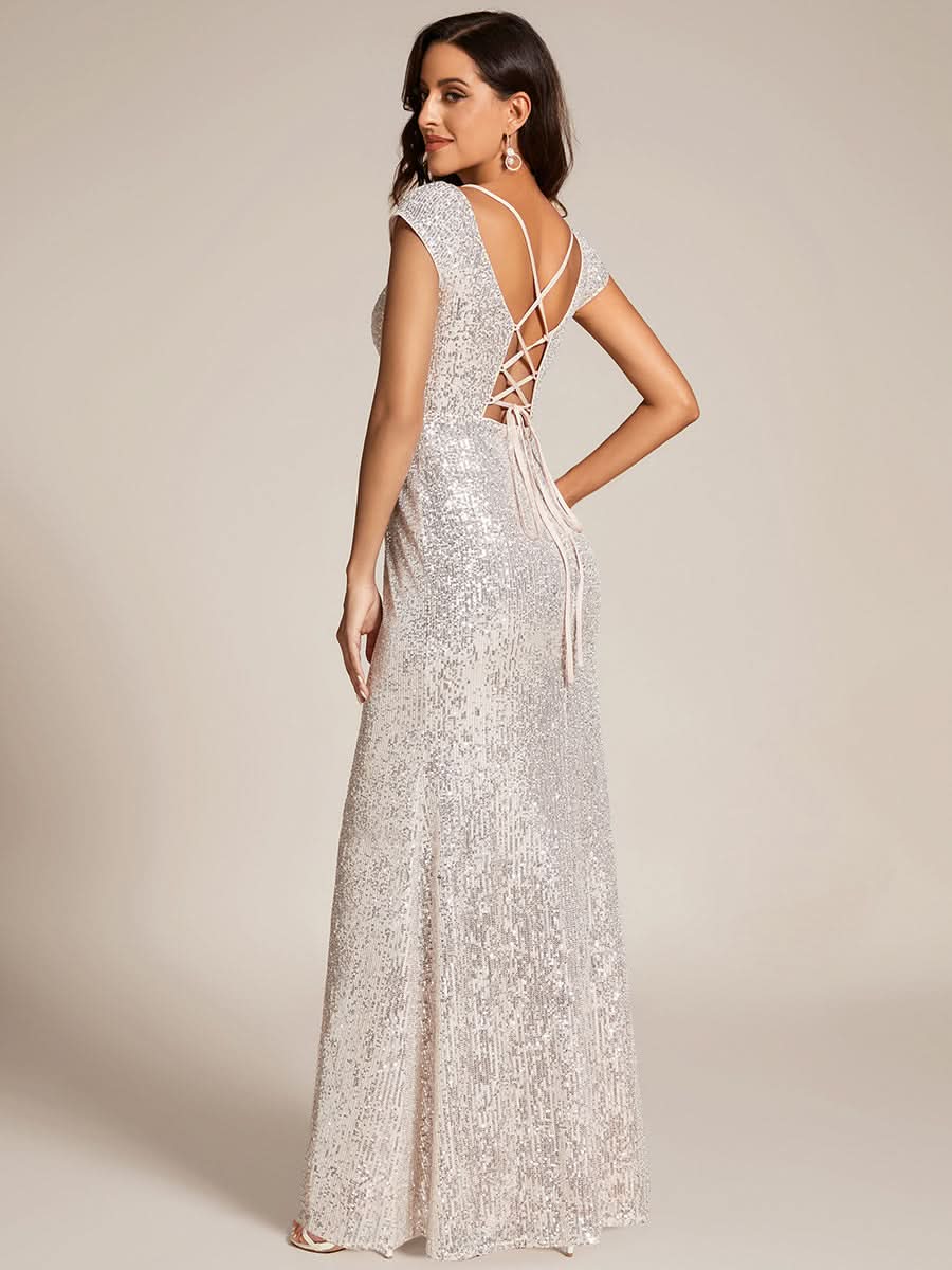 Größe Nach Maß Abendkleid mit Pailletten und V-Ausschnitt und hohem Schlitz EE01578