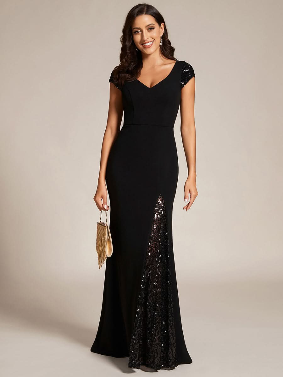 Größe Nach Maß Mode Abendkleid mit tiefem V-Trail und Pailletten EE01586