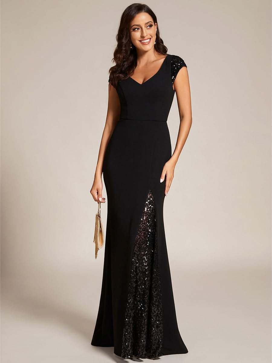 Größe Nach Maß Mode Abendkleid mit tiefem V-Trail und Pailletten EE01586