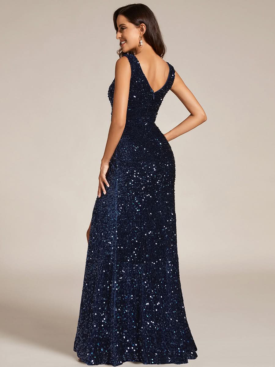 Größe Nach Maß Bodenlanges Meerjungfrauen-Abendkleid mit V-Ausschnitt und Paillettenschlitz EE01591