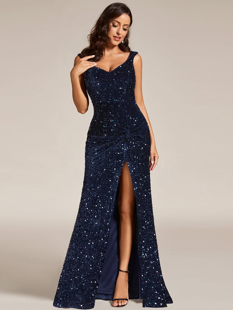 Größe Nach Maß Bodenlanges Meerjungfrauen-Abendkleid mit V-Ausschnitt und Paillettenschlitz EE01591