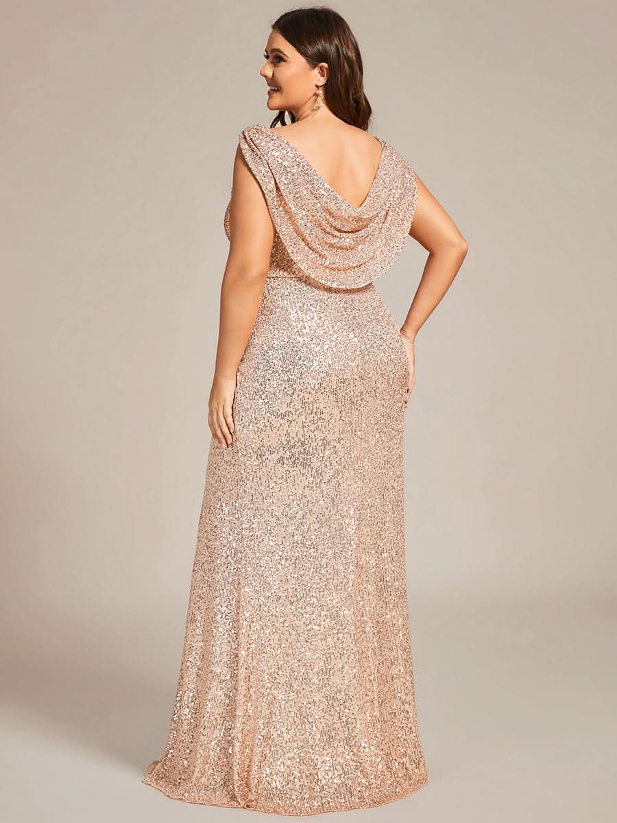 Größe Nach Maß Ärmelloses figurbetontes Pailletten-Abendkleid mit V-Ausschnitt EE01595