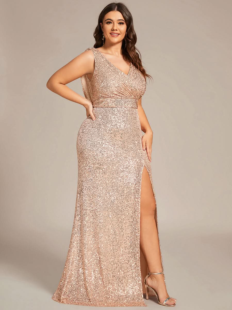 Größe Nach Maß Ärmelloses figurbetontes Pailletten-Abendkleid mit V-Ausschnitt EE01595